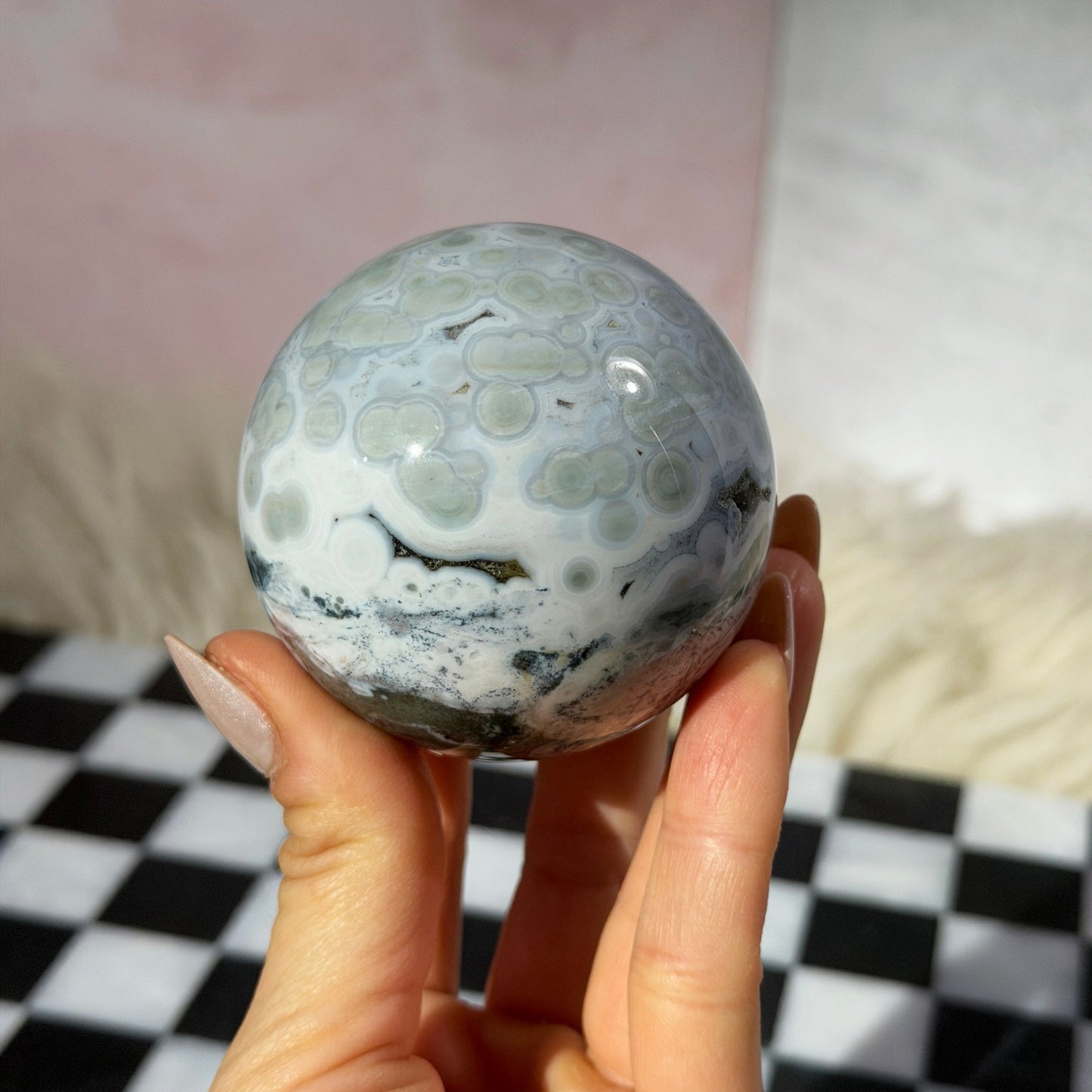 Rare Orbicular Jasper Sphere with Druzy Pockets 0.65lb with Gold Stand | Madagascar