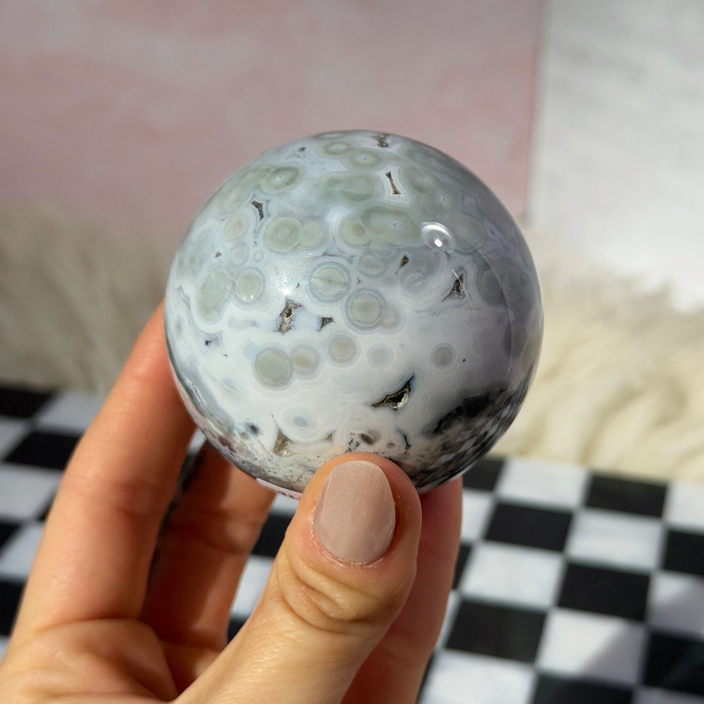 Rare Orbicular Jasper Sphere with Druzy Pockets 0.65lb with Gold Stand | Madagascar