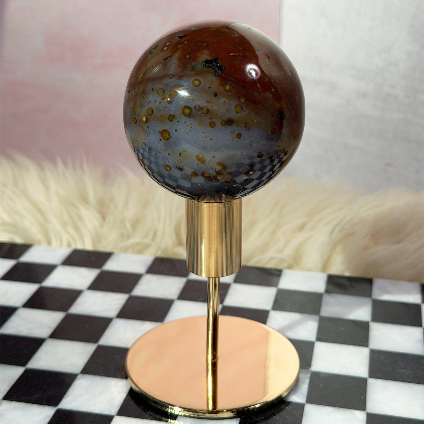 Rare Orbicular Jasper Sphere 1.2lb with Gold Stand | Madagascar