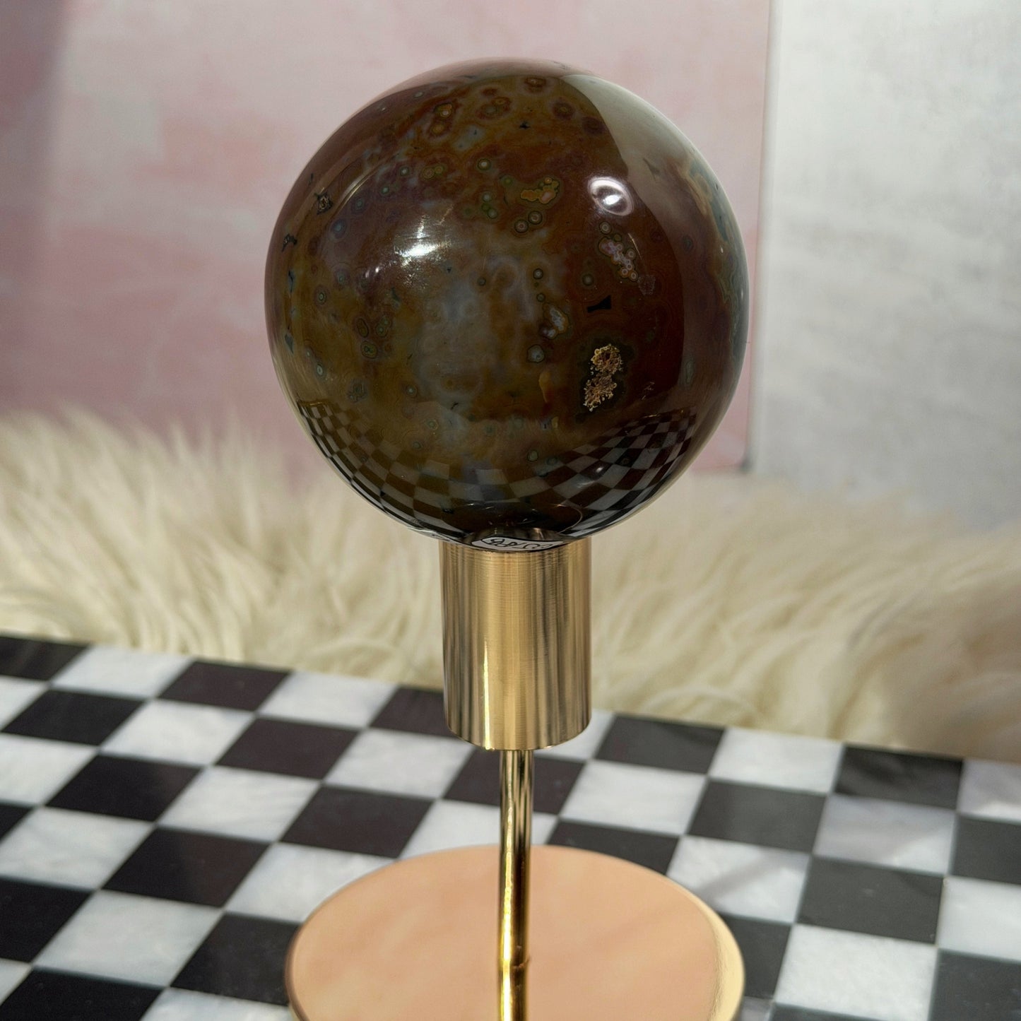 Rare Orbicular Jasper Sphere 1.2lb with Gold Stand | Madagascar