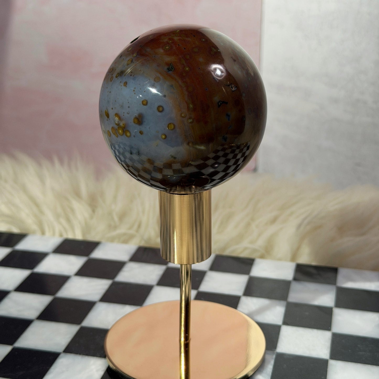 Rare Orbicular Jasper Sphere 1.2lb with Gold Stand | Madagascar