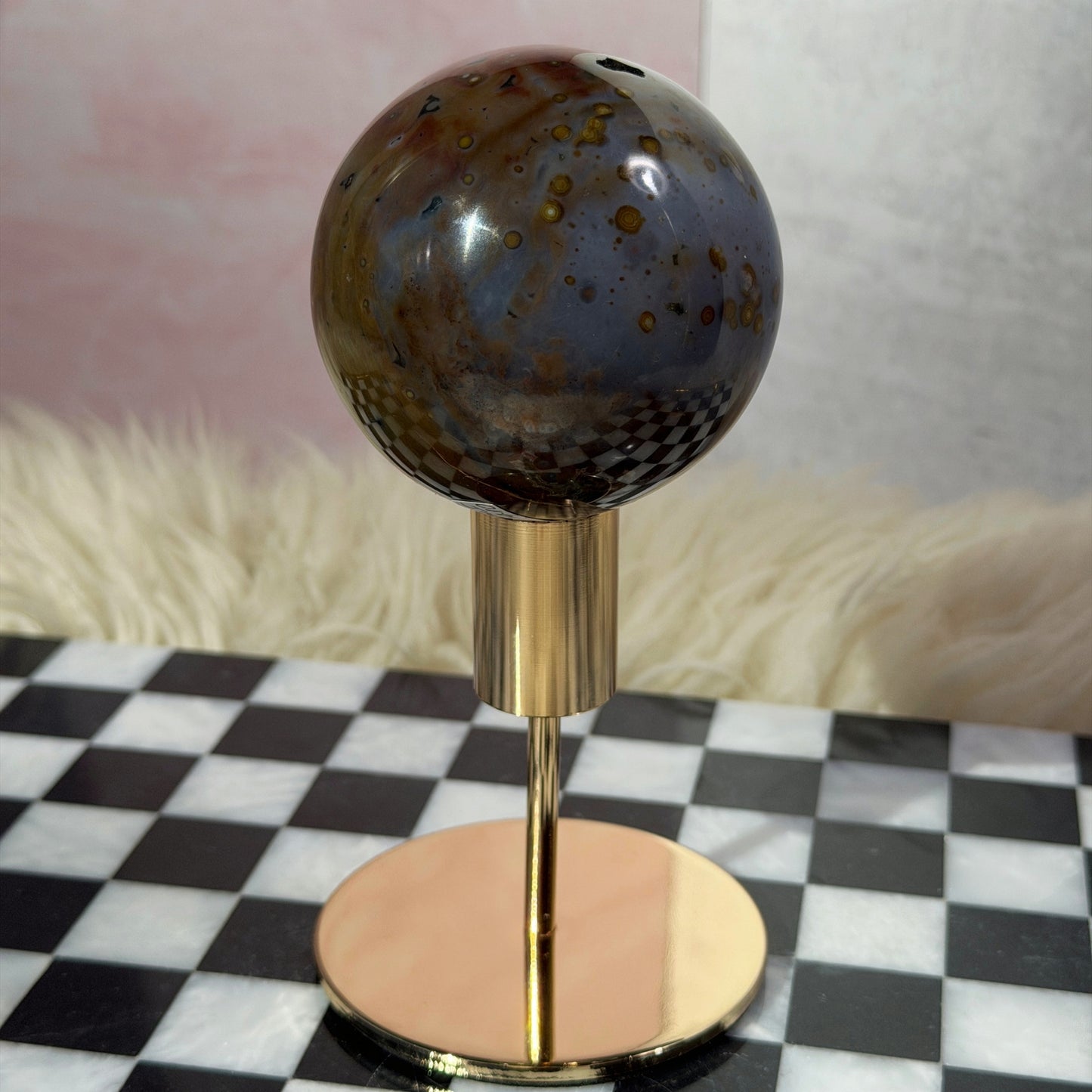 Rare Orbicular Jasper Sphere 1.2lb with Gold Stand | Madagascar
