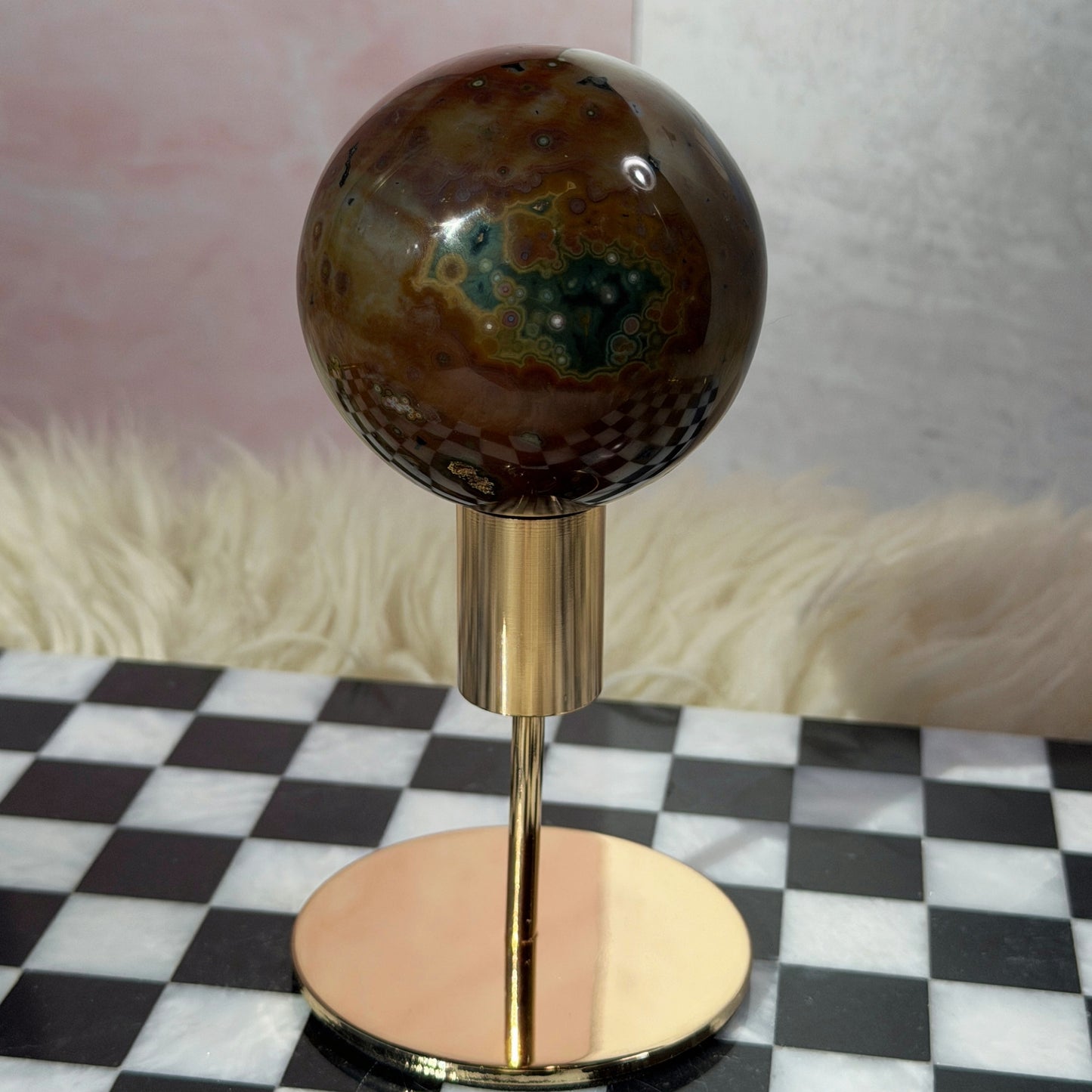 Rare Orbicular Jasper Sphere 1.2lb with Gold Stand | Madagascar