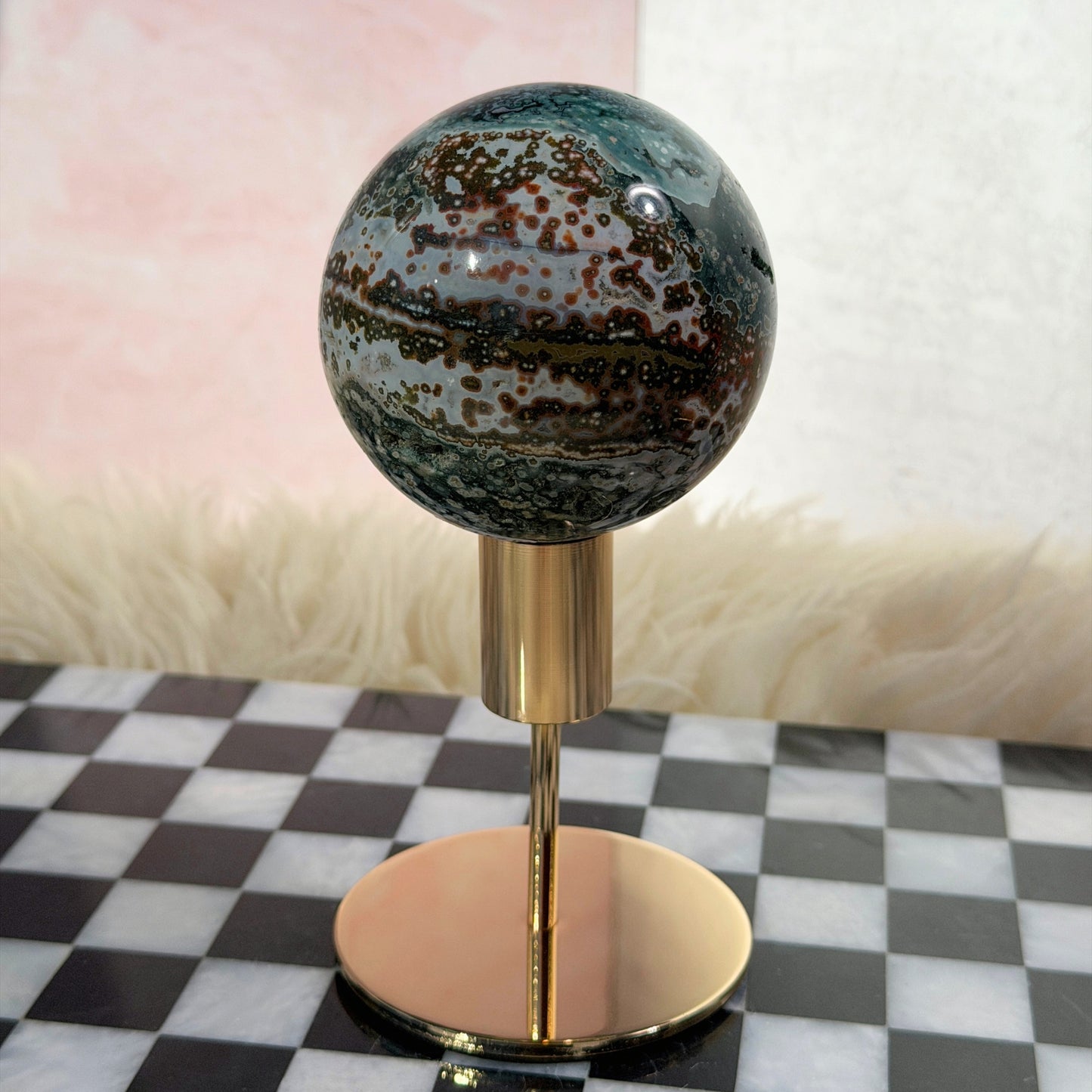 Rare Orbicular Jasper Sphere 1.5lb with Gold Stand | Madagascar