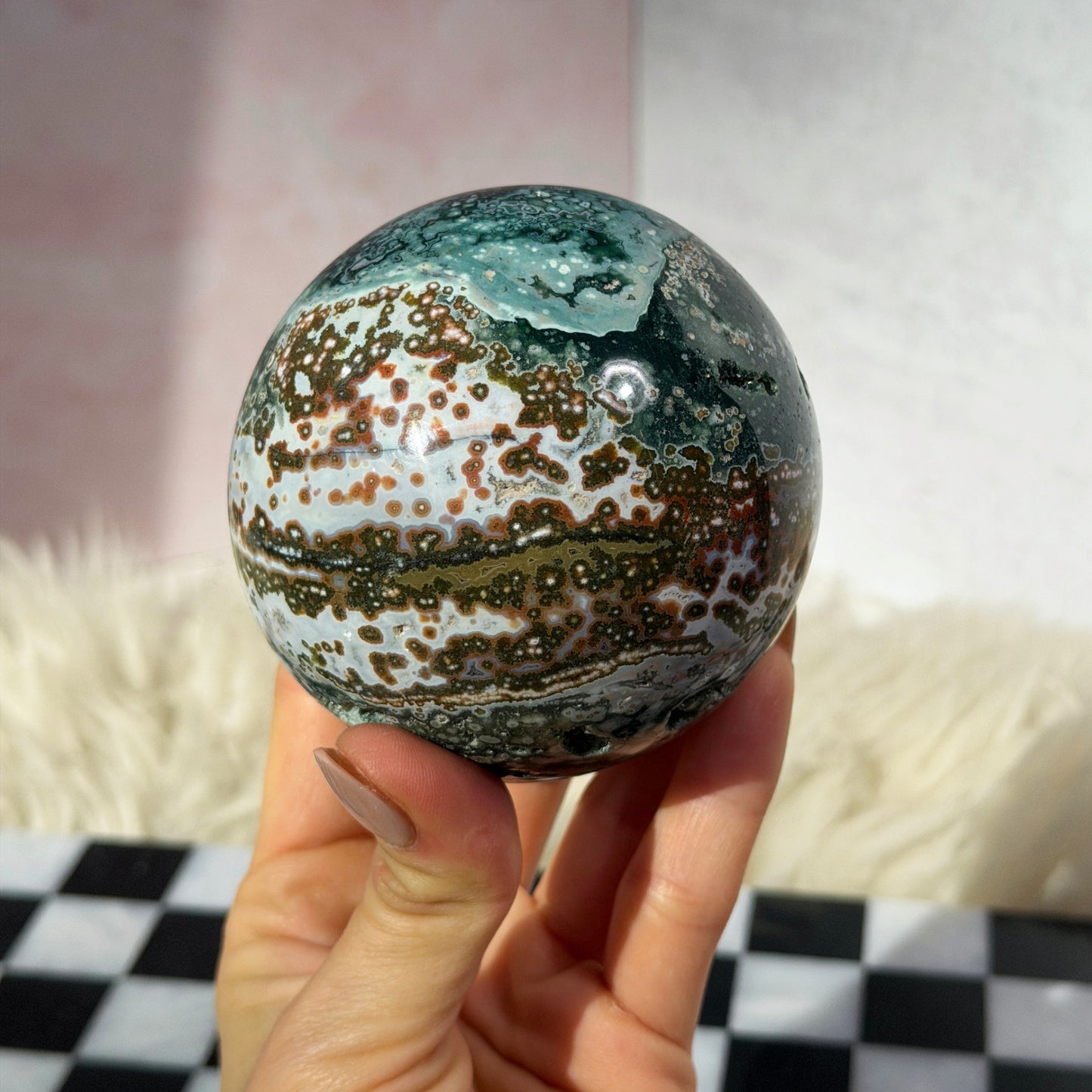 Rare Orbicular Jasper Sphere 1.5lb with Gold Stand | Madagascar