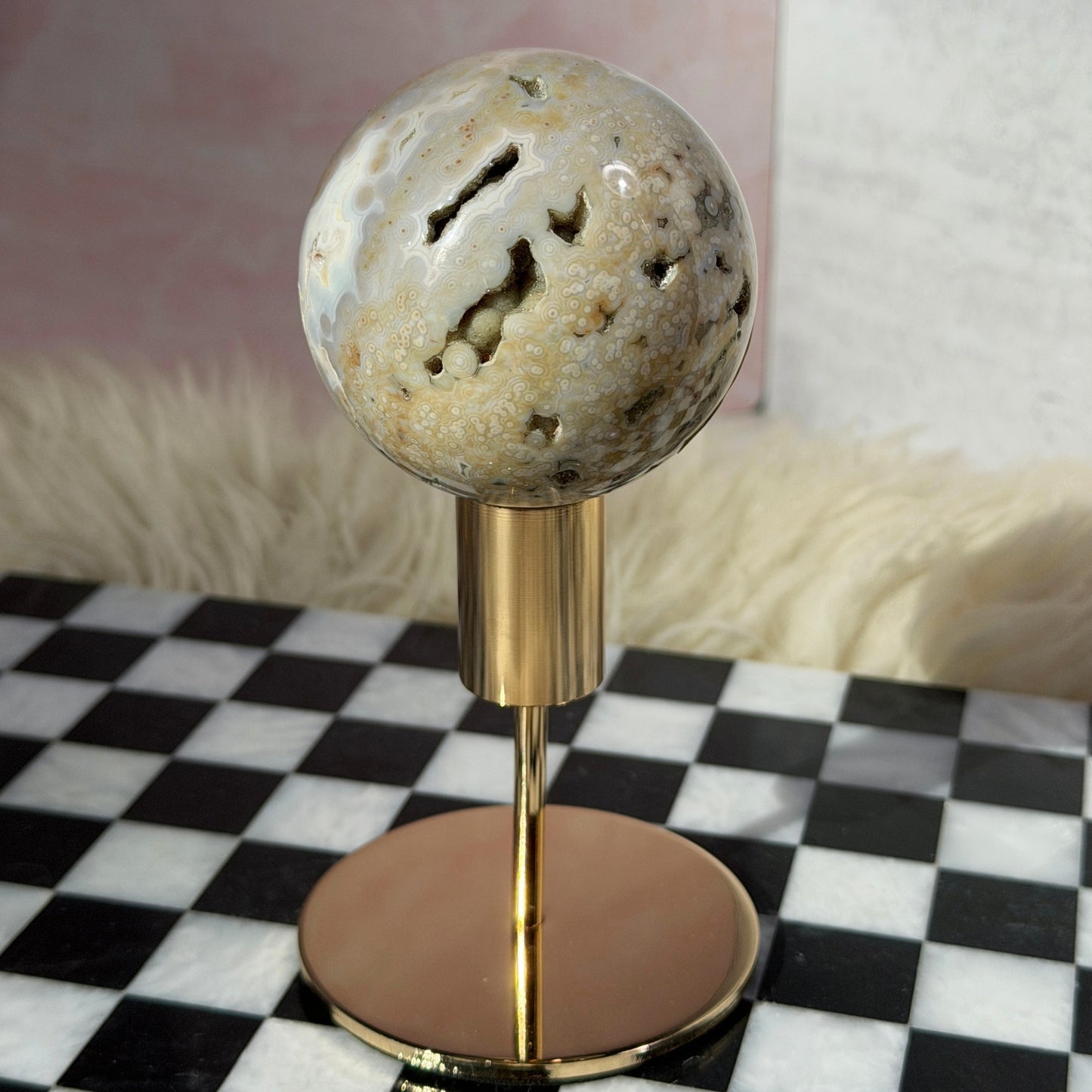 Rare Orbicular Jasper Sphere with Druzy Pockets 1.1lb with Gold Stand | Madagascar