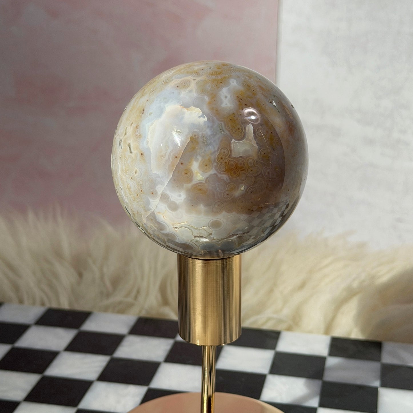 Rare Orbicular Jasper Sphere with Druzy Pockets 1.1lb with Gold Stand | Madagascar