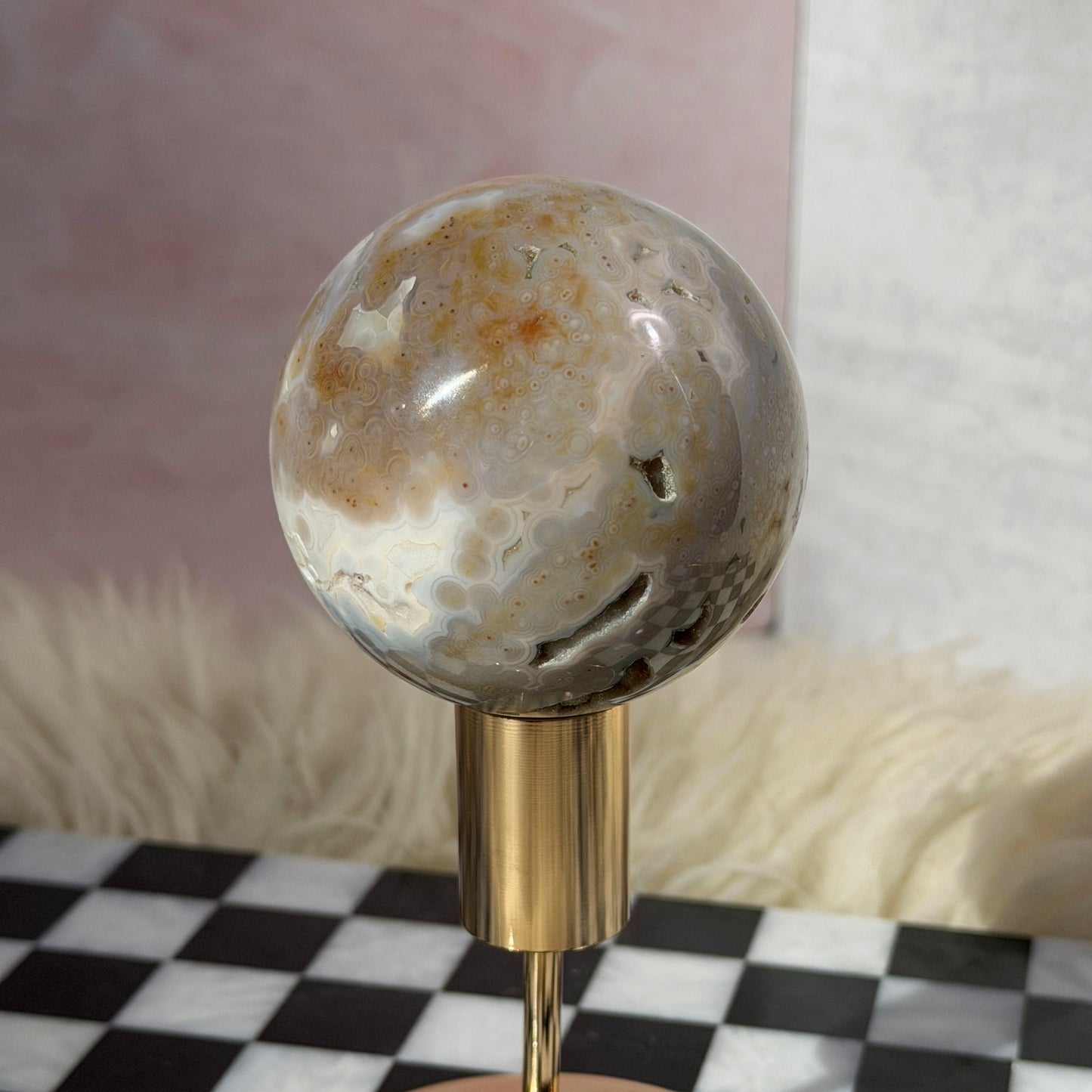 Rare Orbicular Jasper Sphere with Druzy Pockets 1.1lb with Gold Stand | Madagascar