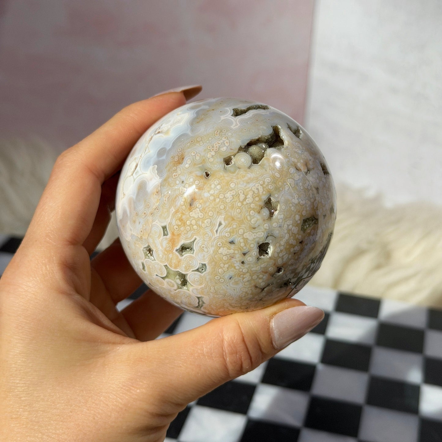 Rare Orbicular Jasper Sphere with Druzy Pockets 1.1lb with Gold Stand | Madagascar