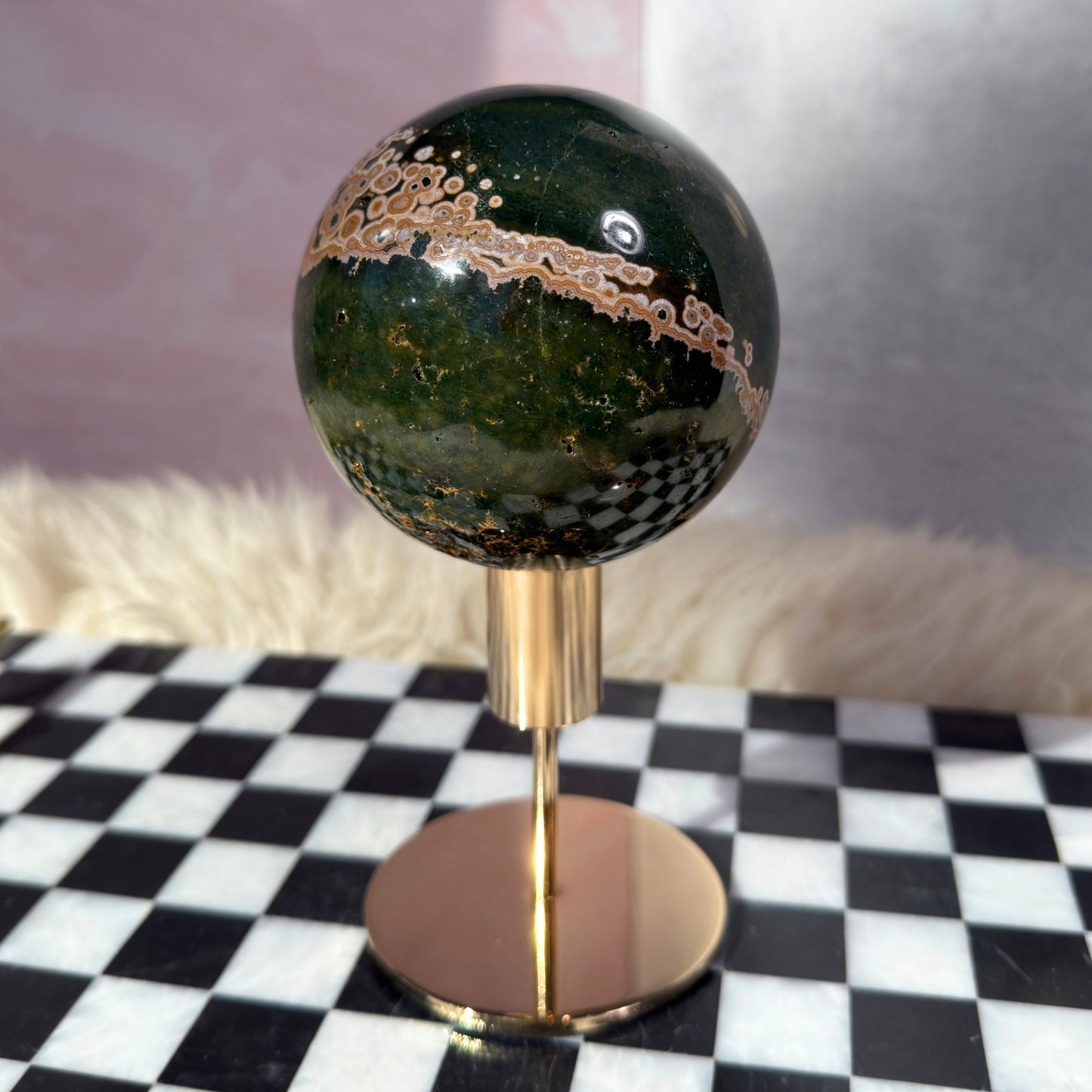 Rare Orbicular Jasper Sphere with Druzy Pockets 2.5lb with Gold Stand | Madagascar