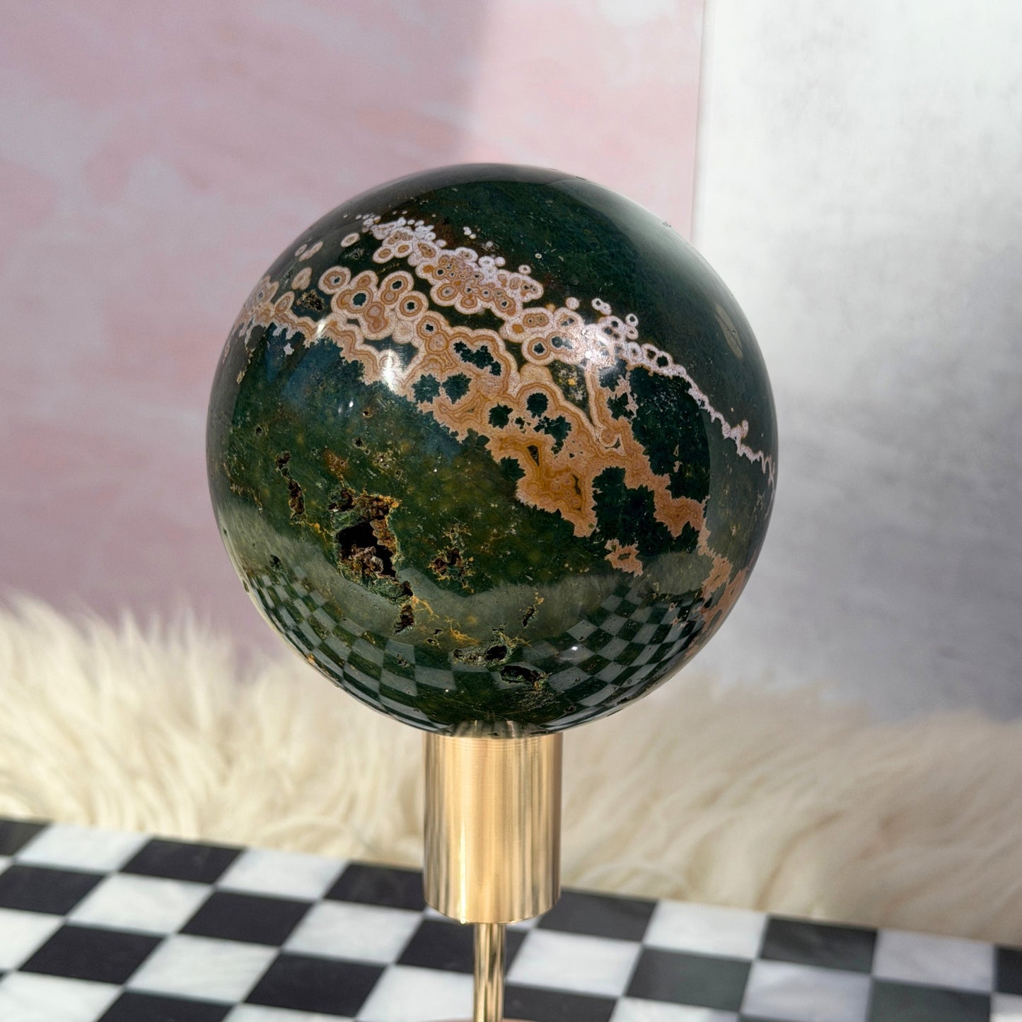 Rare Orbicular Jasper Sphere with Druzy Pockets 2.5lb with Gold Stand | Madagascar