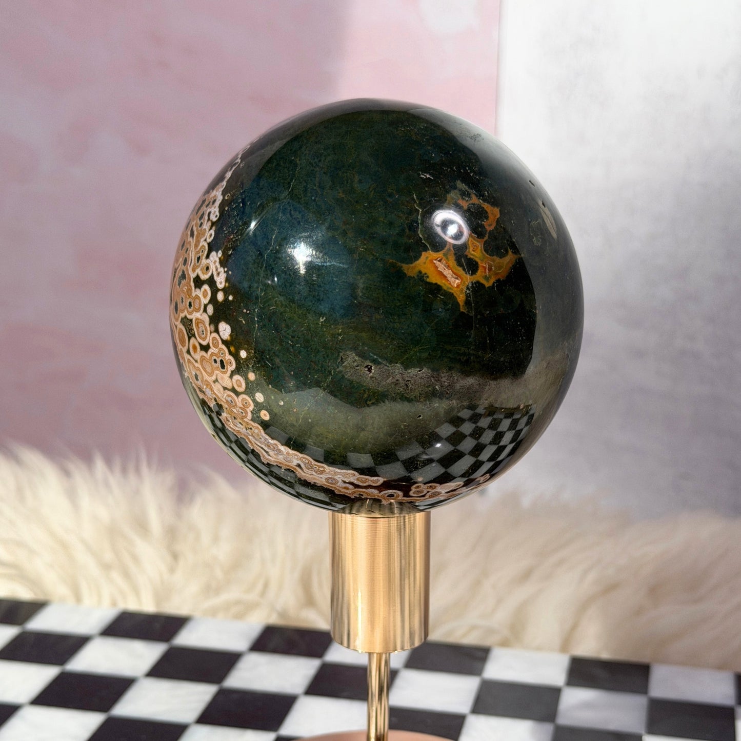 Rare Orbicular Jasper Sphere with Druzy Pockets 2.5lb with Gold Stand | Madagascar