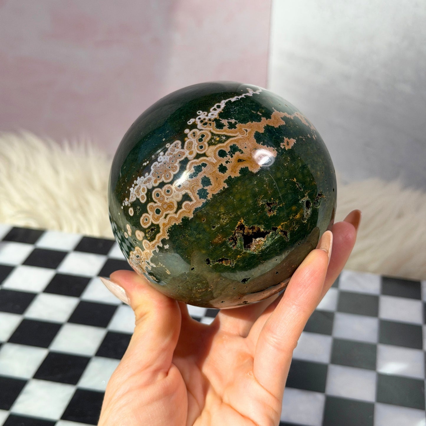 Rare Orbicular Jasper Sphere with Druzy Pockets 2.5lb with Gold Stand | Madagascar