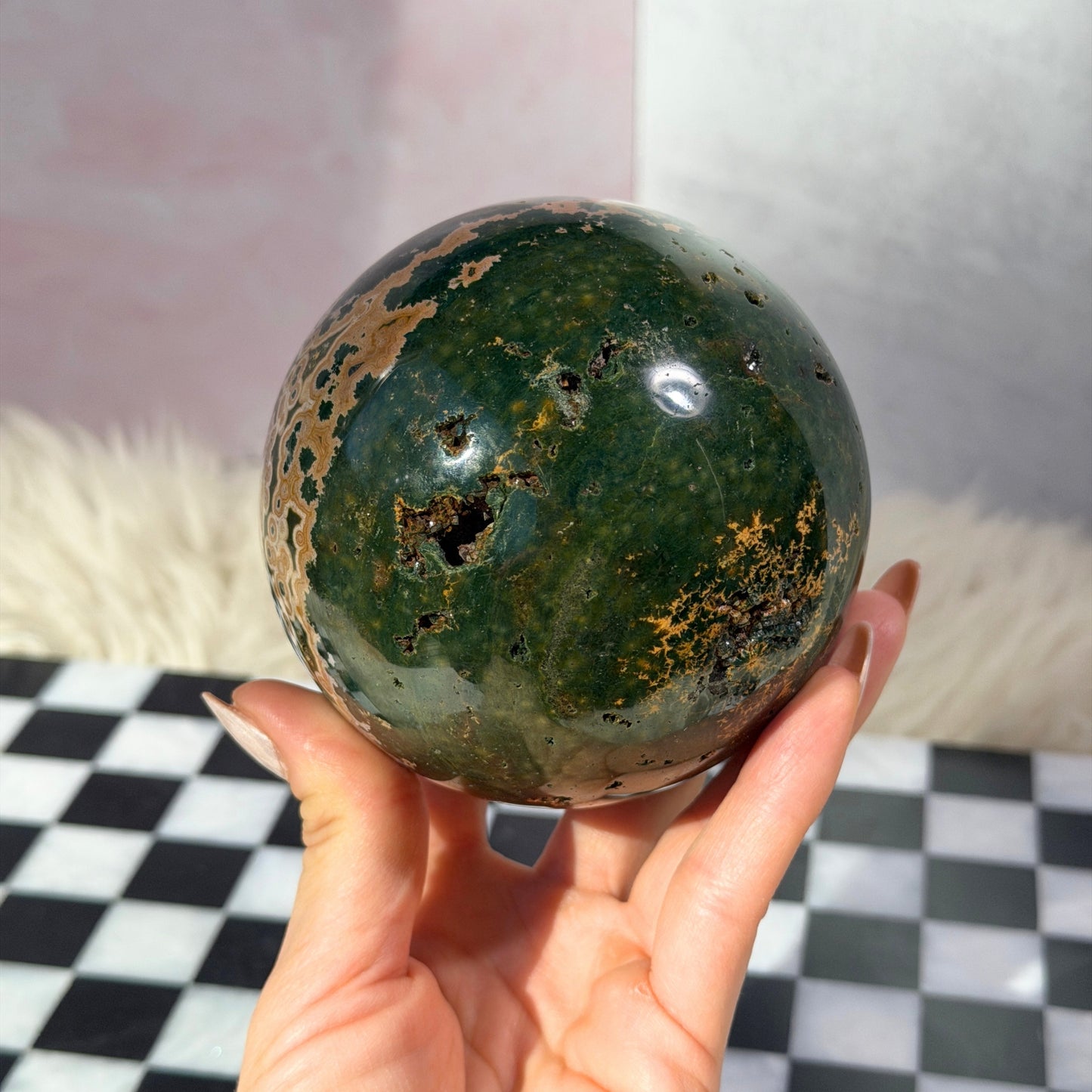 Rare Orbicular Jasper Sphere with Druzy Pockets 2.5lb with Gold Stand | Madagascar