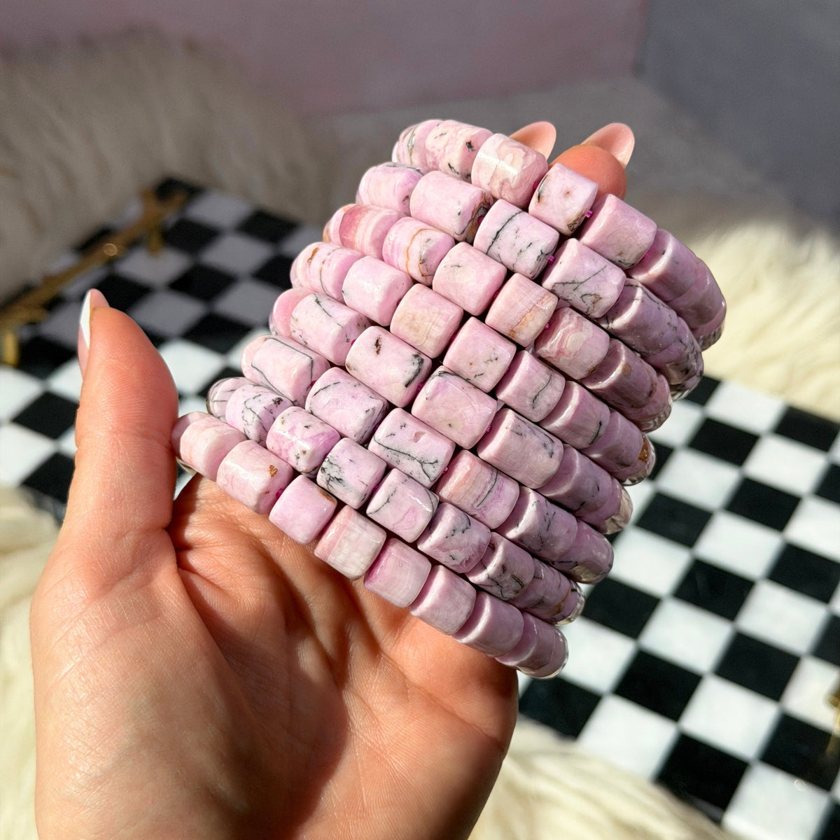Rare Pink Aragonite Tube Beaded Bracelet (Bead size: 8-12mm)