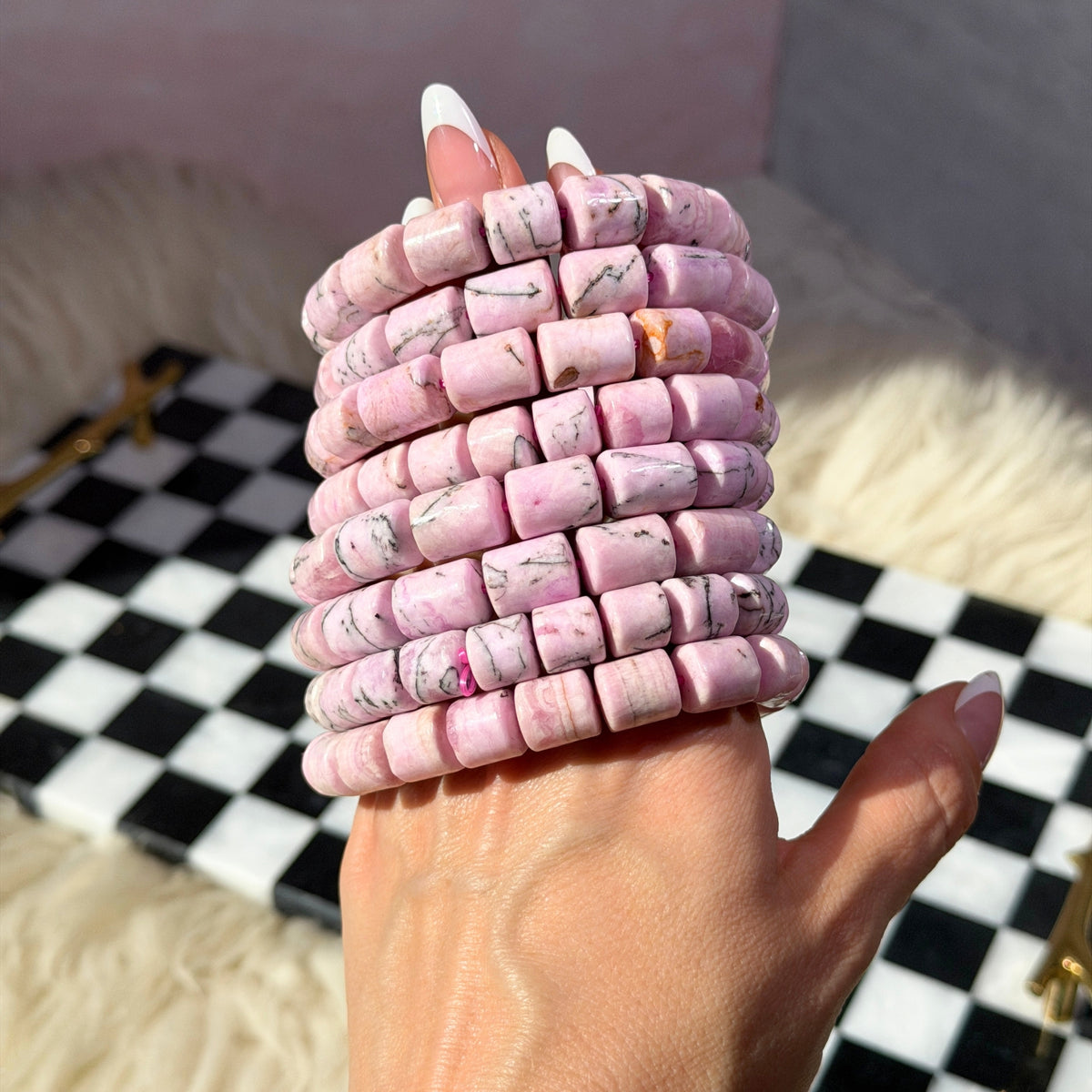 Rare Pink Aragonite Tube Beaded Bracelet (Bead size: 8-12mm)
