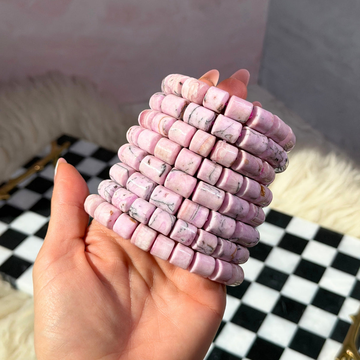 Rare Pink Aragonite Tube Beaded Bracelet (Bead size: 8-12mm)