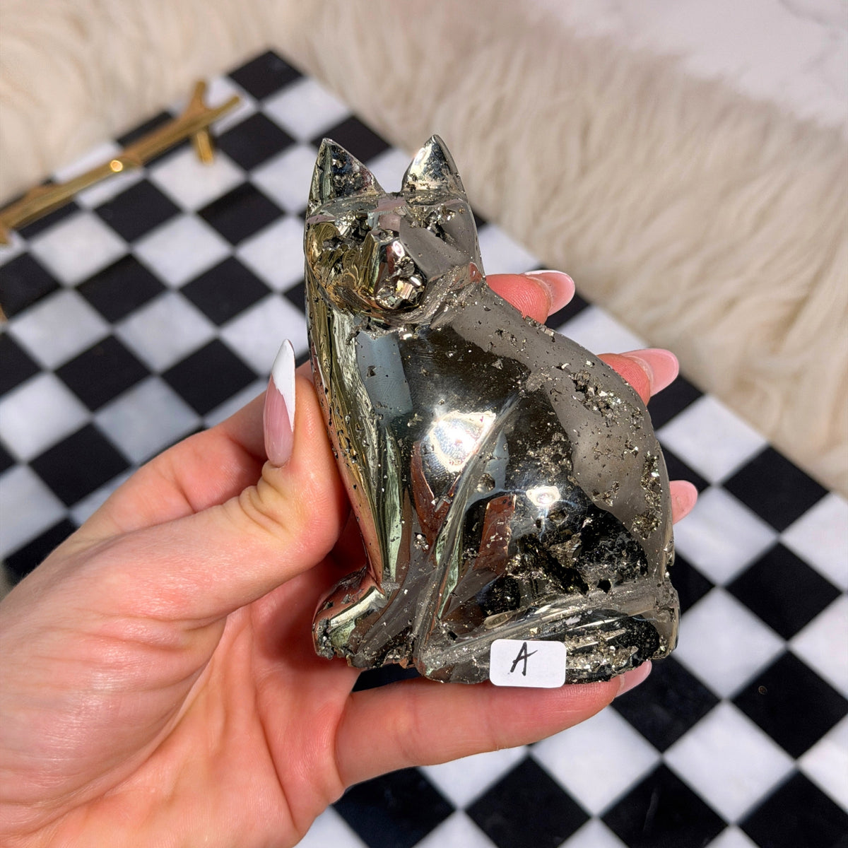 Natural Pyrite Cat Carving Peru Animal Sculpture Crystal Collector