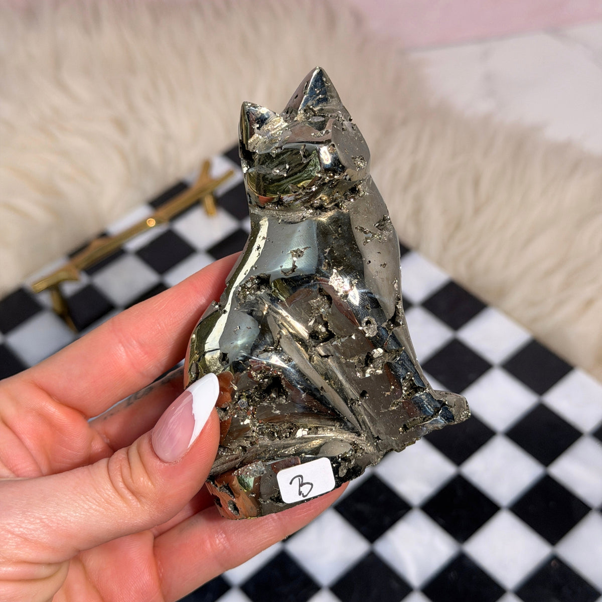 Natural Pyrite Cat Carving Peru Animal Sculpture Crystal Collector