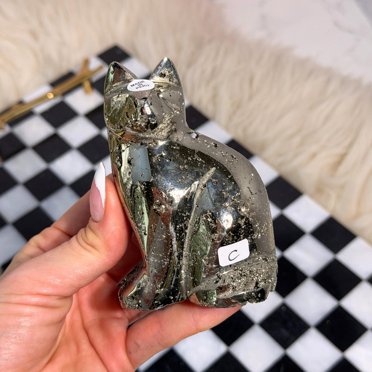 Natural Pyrite Cat Carving Peru Animal Sculpture Crystal Collector