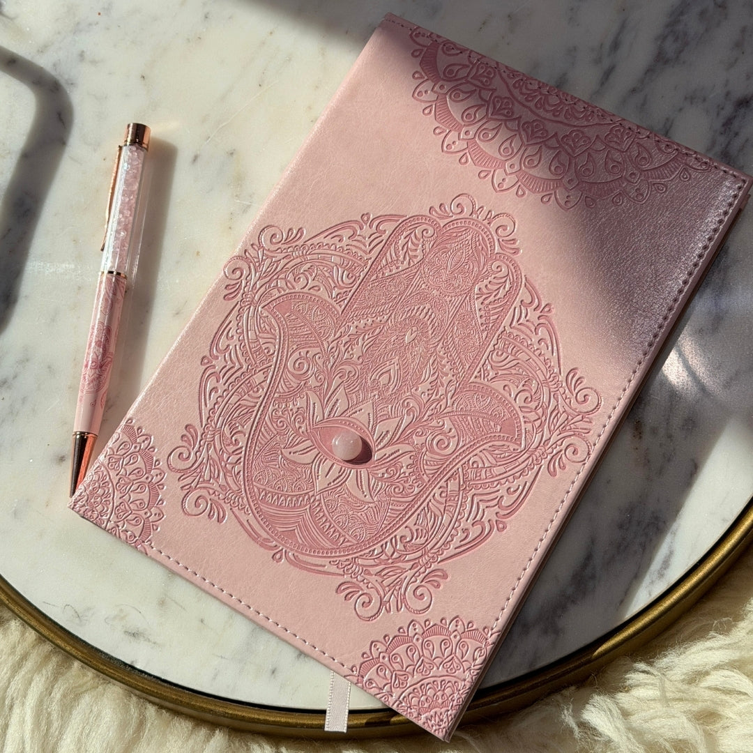 Pink Hamsa Journal Set with Rose Quartz Pen Personalized
