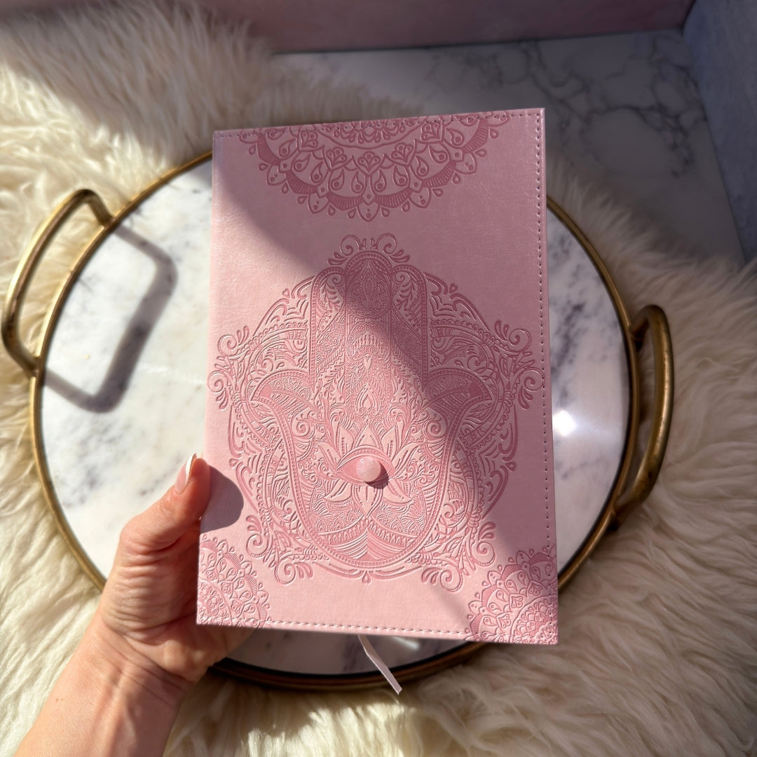 Pink Hamsa Journal Set with Rose Quartz Pen Personalized
