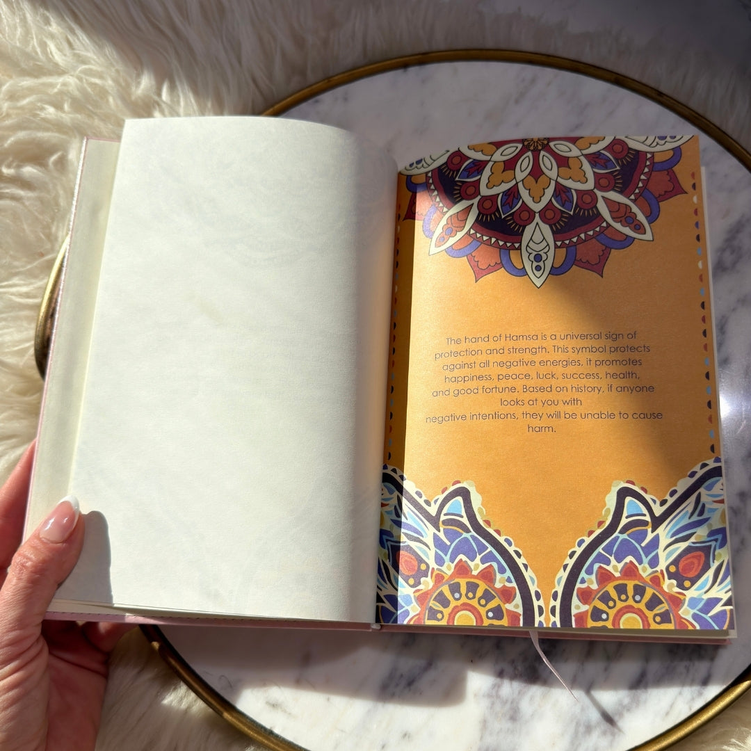 Pink Hamsa Journal Set with Rose Quartz Pen Personalized