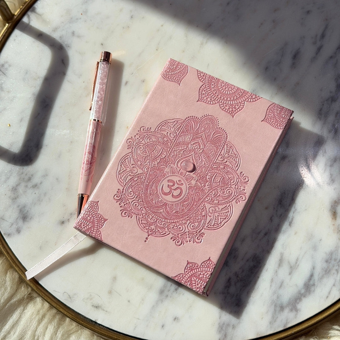 Pink Hamsa Journal Set with Rose Quartz Pen Personalized