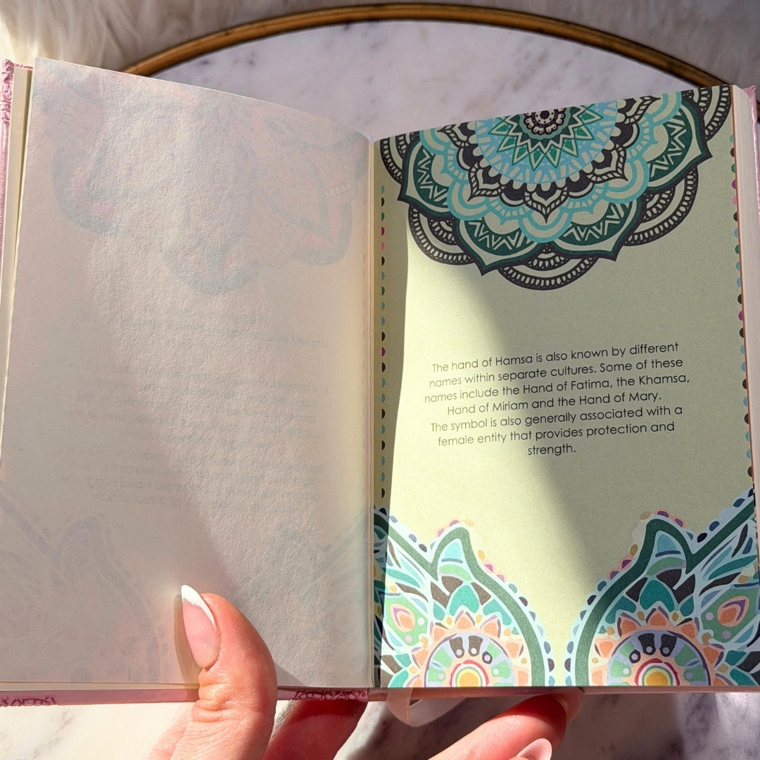 Pink Hamsa Journal Set with Rose Quartz Pen Personalized