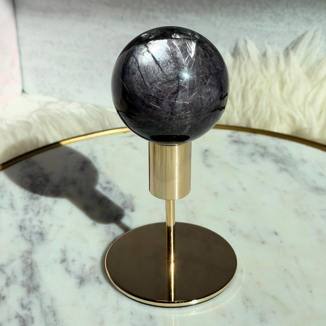 Purple Mica Sphere 1.1 lbs on Gold Stand Natural Stone