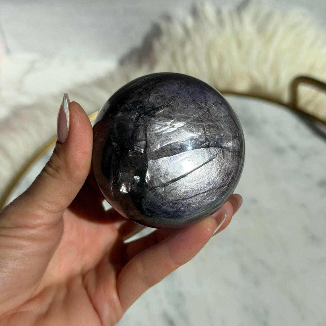 Purple Mica Sphere 1.1 lbs on Gold Stand Natural Stone