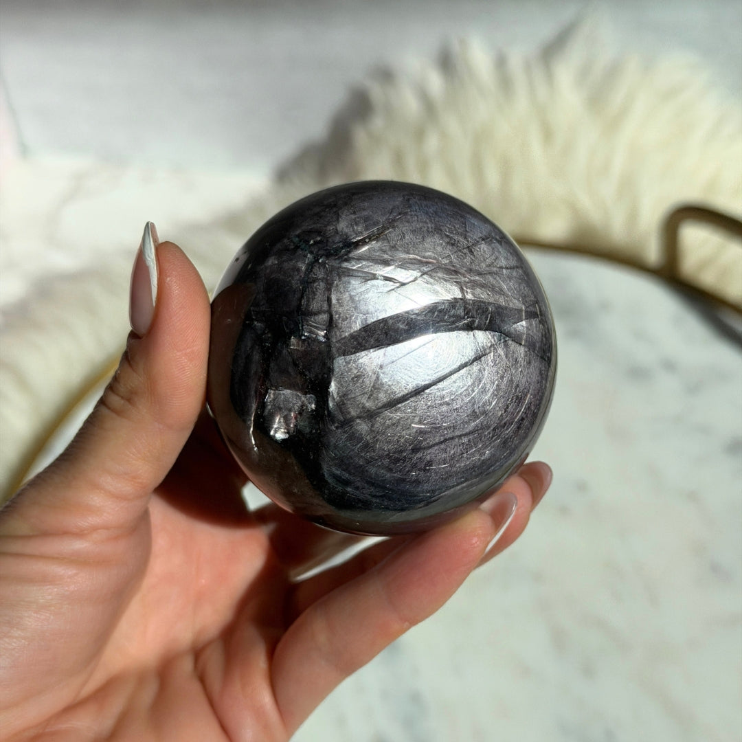 Purple Mica Sphere 1.1 lbs on Gold Stand Natural Stone