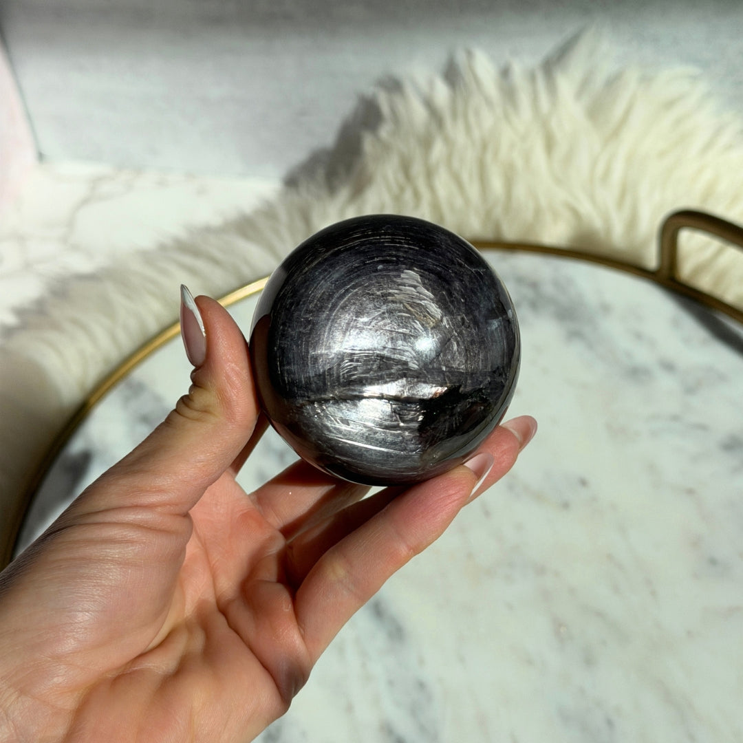 Purple Mica Sphere 1.1 lbs on Gold Stand Natural Stone