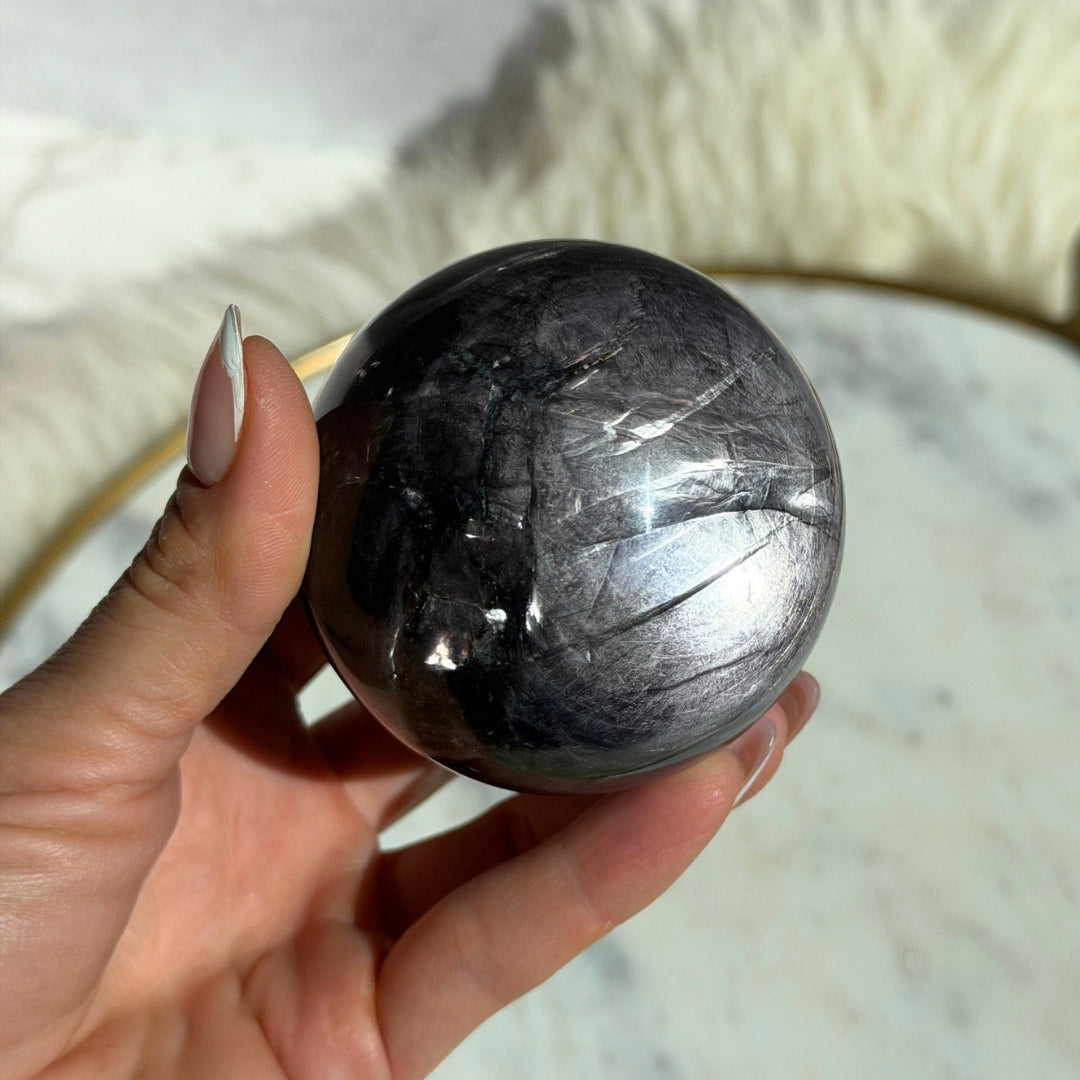 Purple Mica Sphere 1.1 lbs on Gold Stand Natural Stone