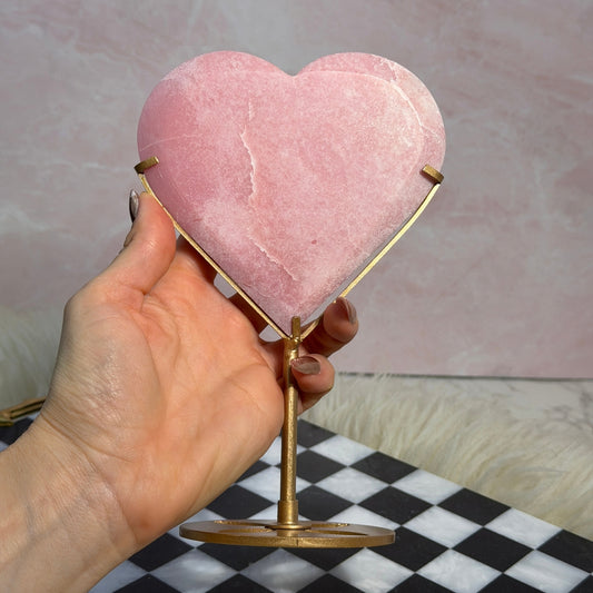 Pink Opal Heart with Custom Gold Stand Natural Peruvian Stone