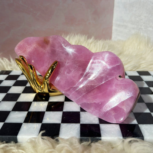 Pink Aragonite Free Form on Gold Hand Stand 2.1lb | Afghanistan Crystal