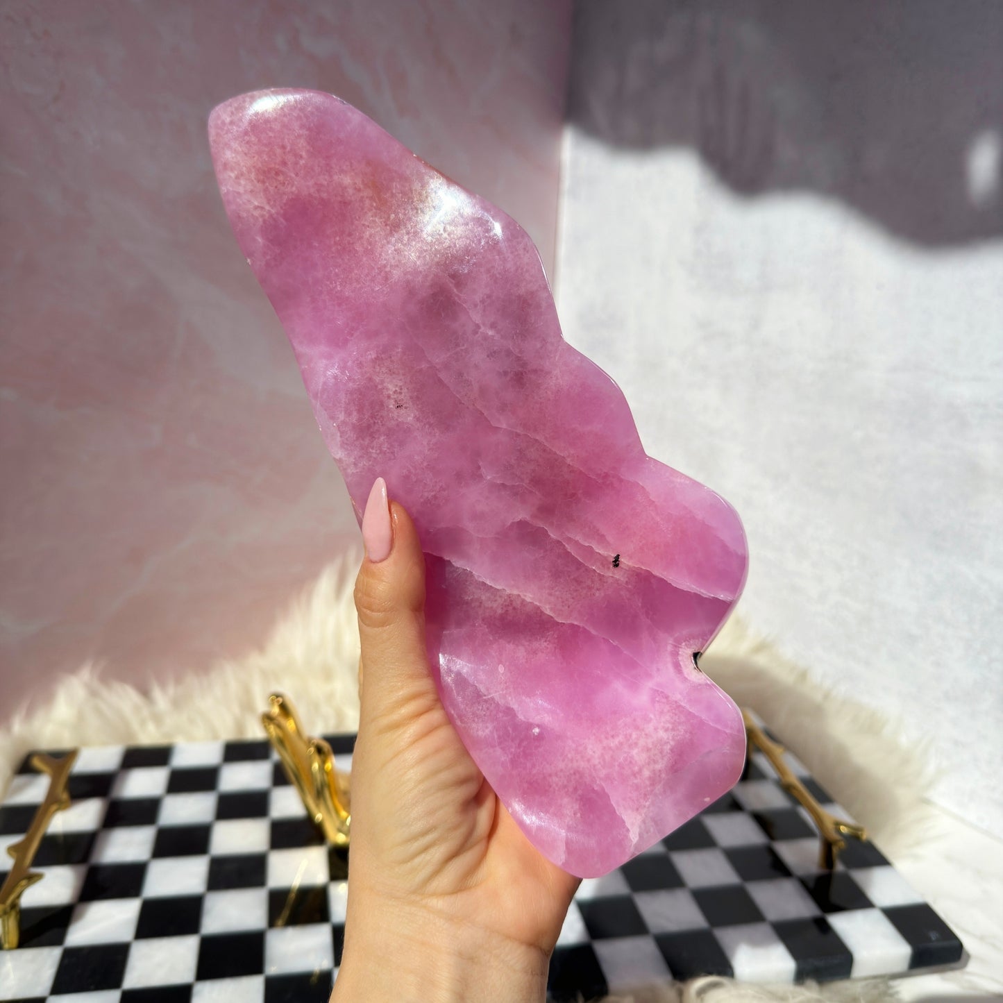 Pink Aragonite Free Form on Gold Hand Stand 2.1lb | Afghanistan Crystal
