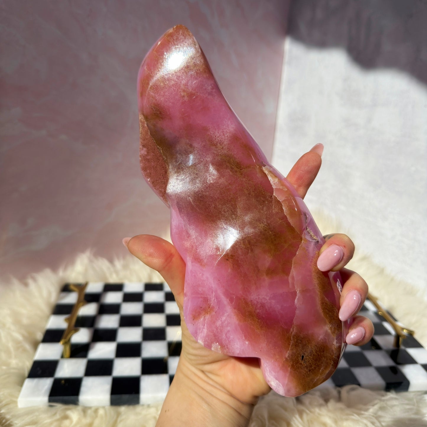 Pink Aragonite Free Form on Gold Hand Stand 2.1lb | Afghanistan Crystal