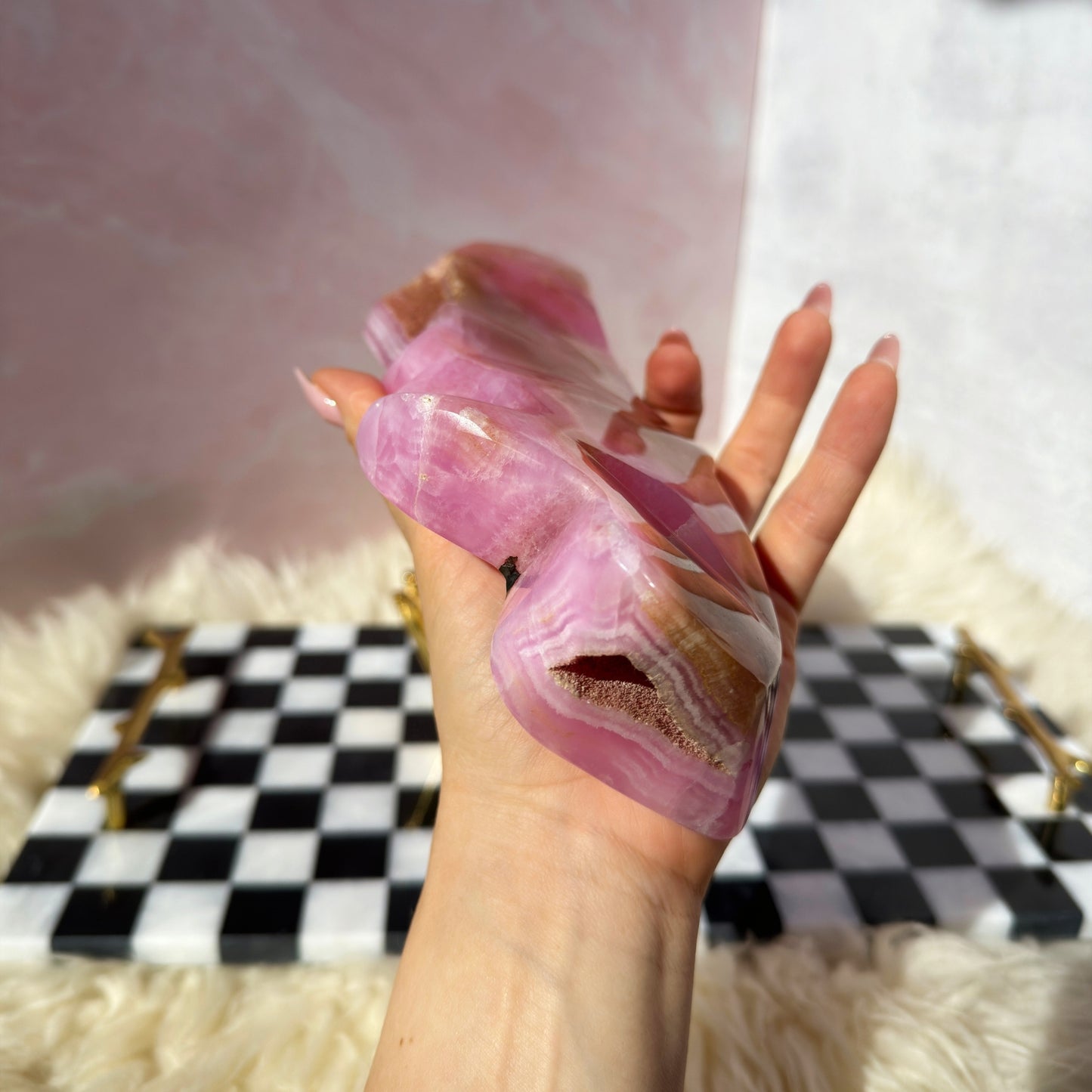Pink Aragonite Free Form on Gold Hand Stand 2.1lb | Afghanistan Crystal