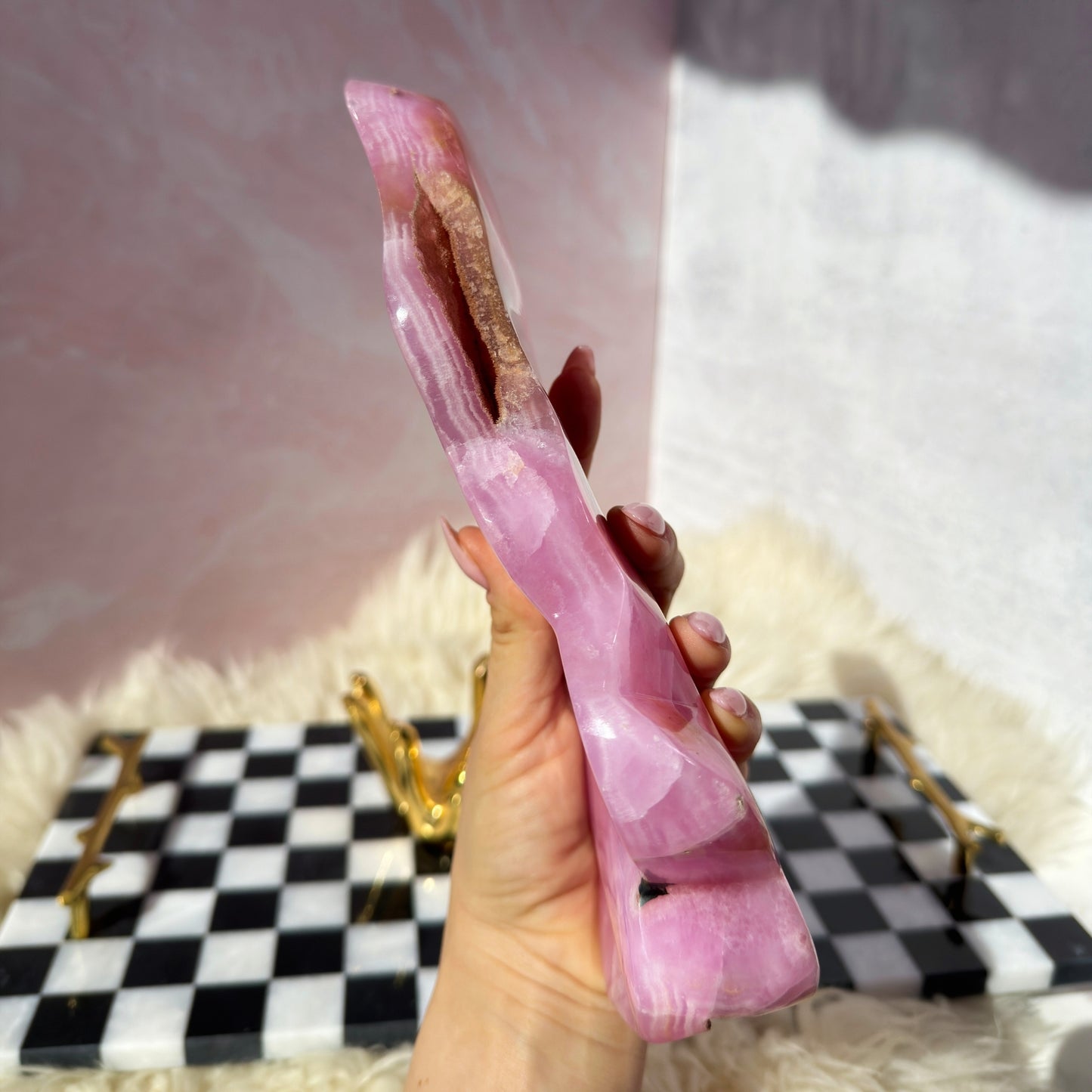 Pink Aragonite Free Form on Gold Hand Stand 2.1lb | Afghanistan Crystal