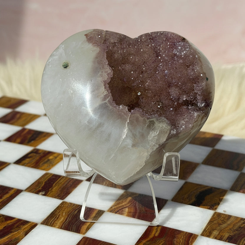 Sugar Druzy Rainbow Amethyst Heart 0.8lb with Acrylic Stand