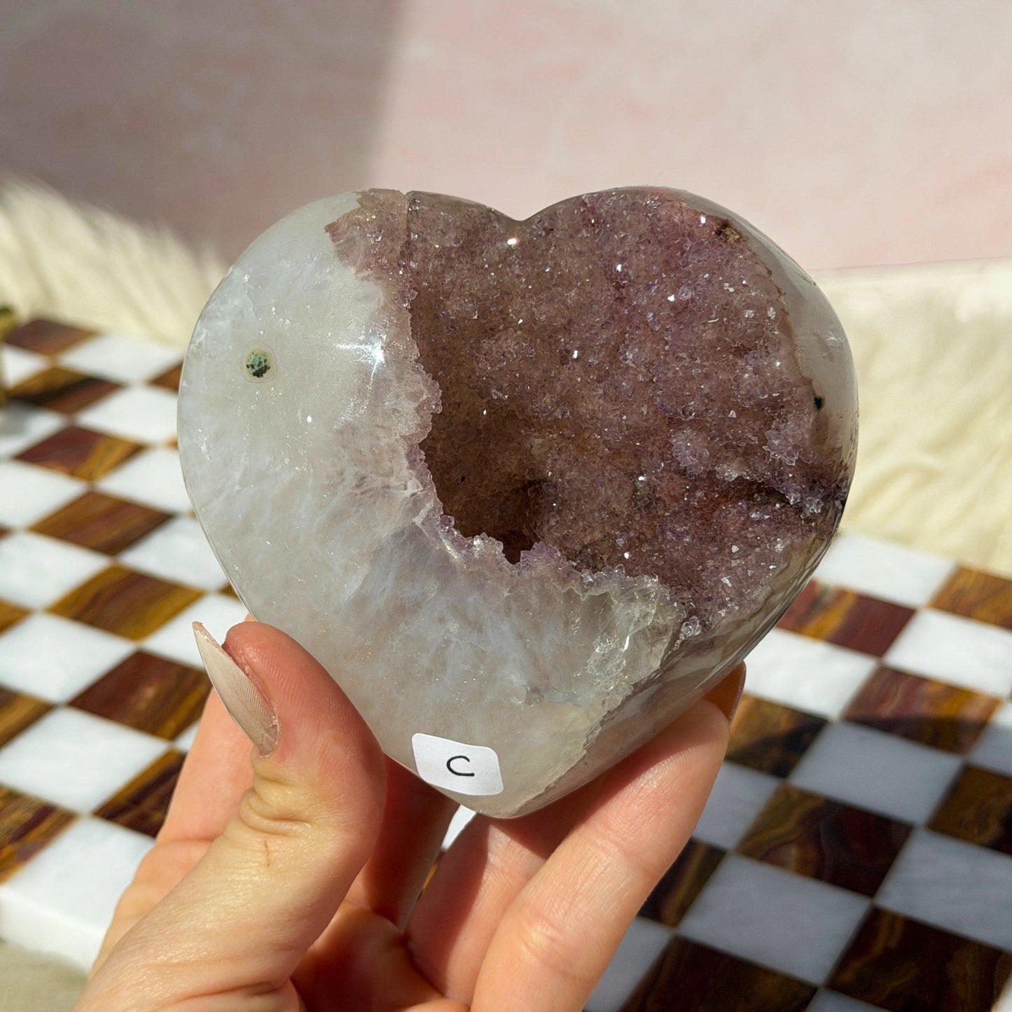 Sugar Druzy Rainbow Amethyst Heart 0.8lb with Acrylic Stand