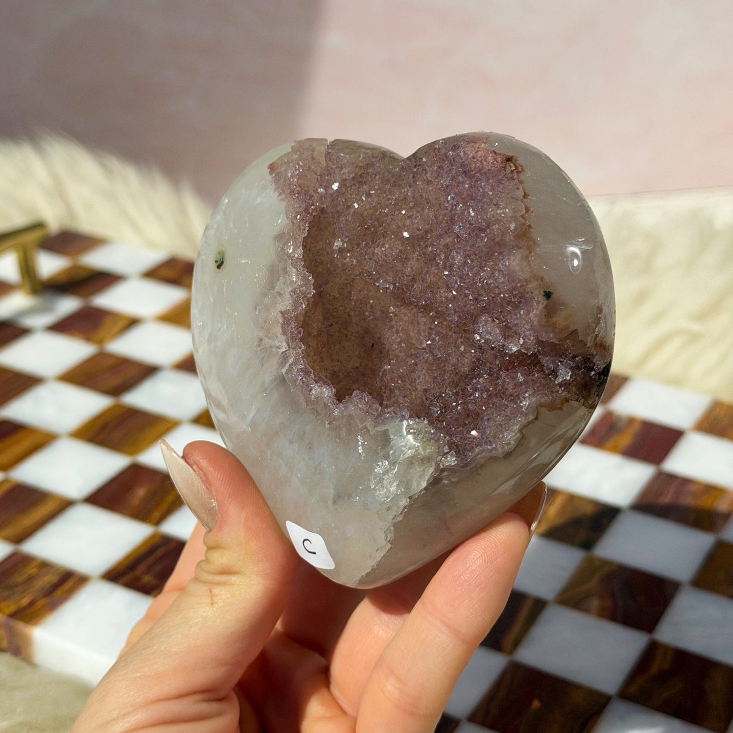 Sugar Druzy Rainbow Amethyst Heart 0.8lb with Acrylic Stand