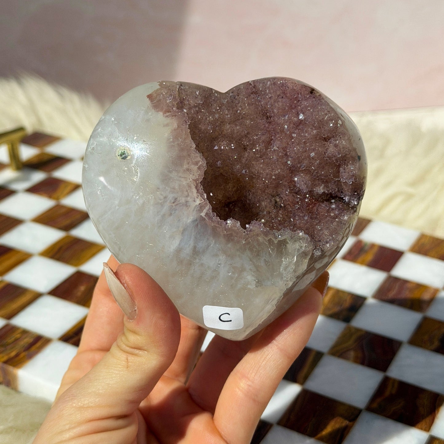 Sugar Druzy Rainbow Amethyst Heart 0.8lb with Acrylic Stand