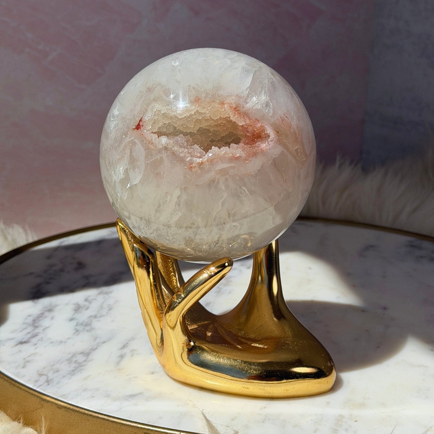 Rainbow Amethyst Sphere with Sugar Druzy on Gold Stand (2.8 lbs)