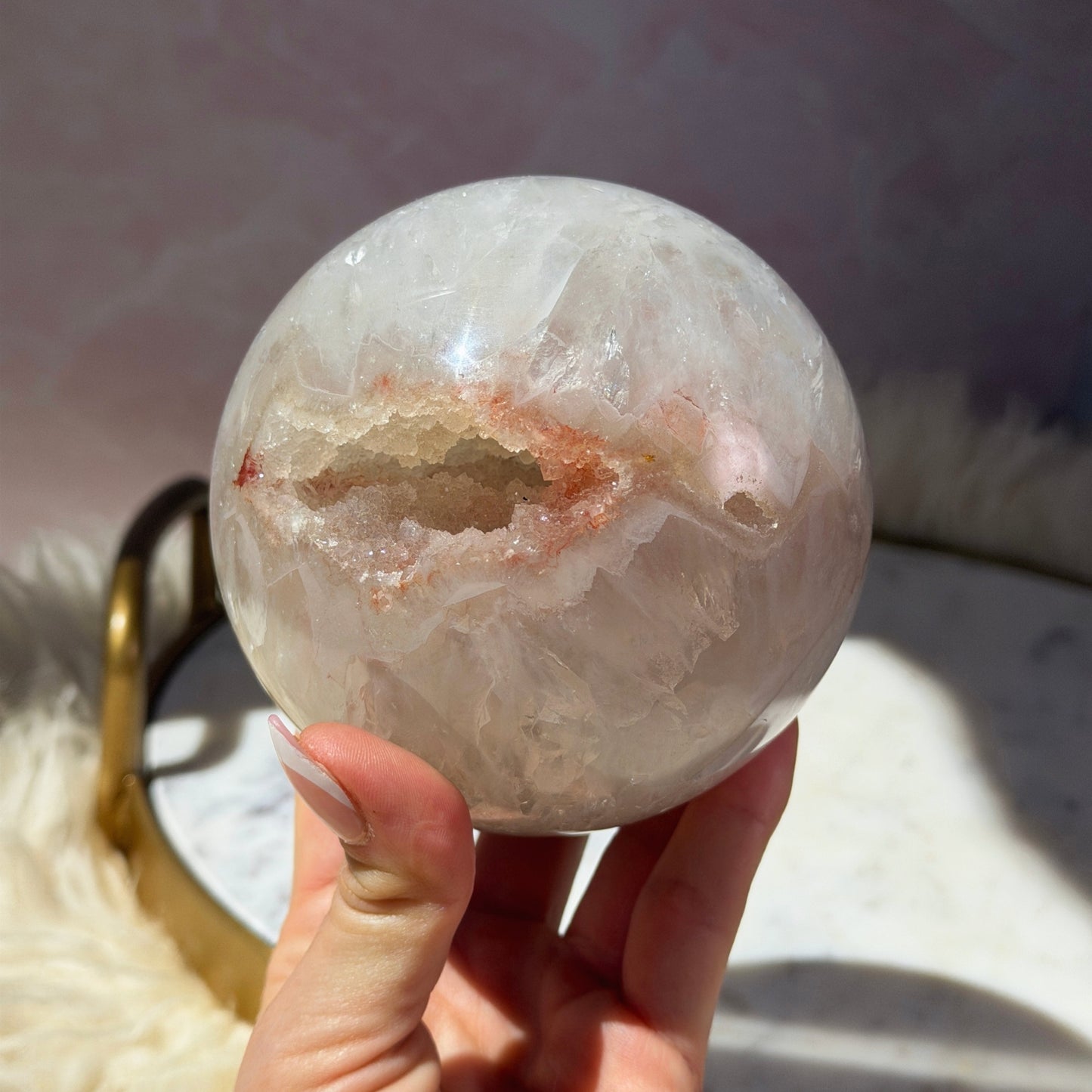 Rainbow Amethyst Sphere with Sugar Druzy on Gold Stand (2.8 lbs)