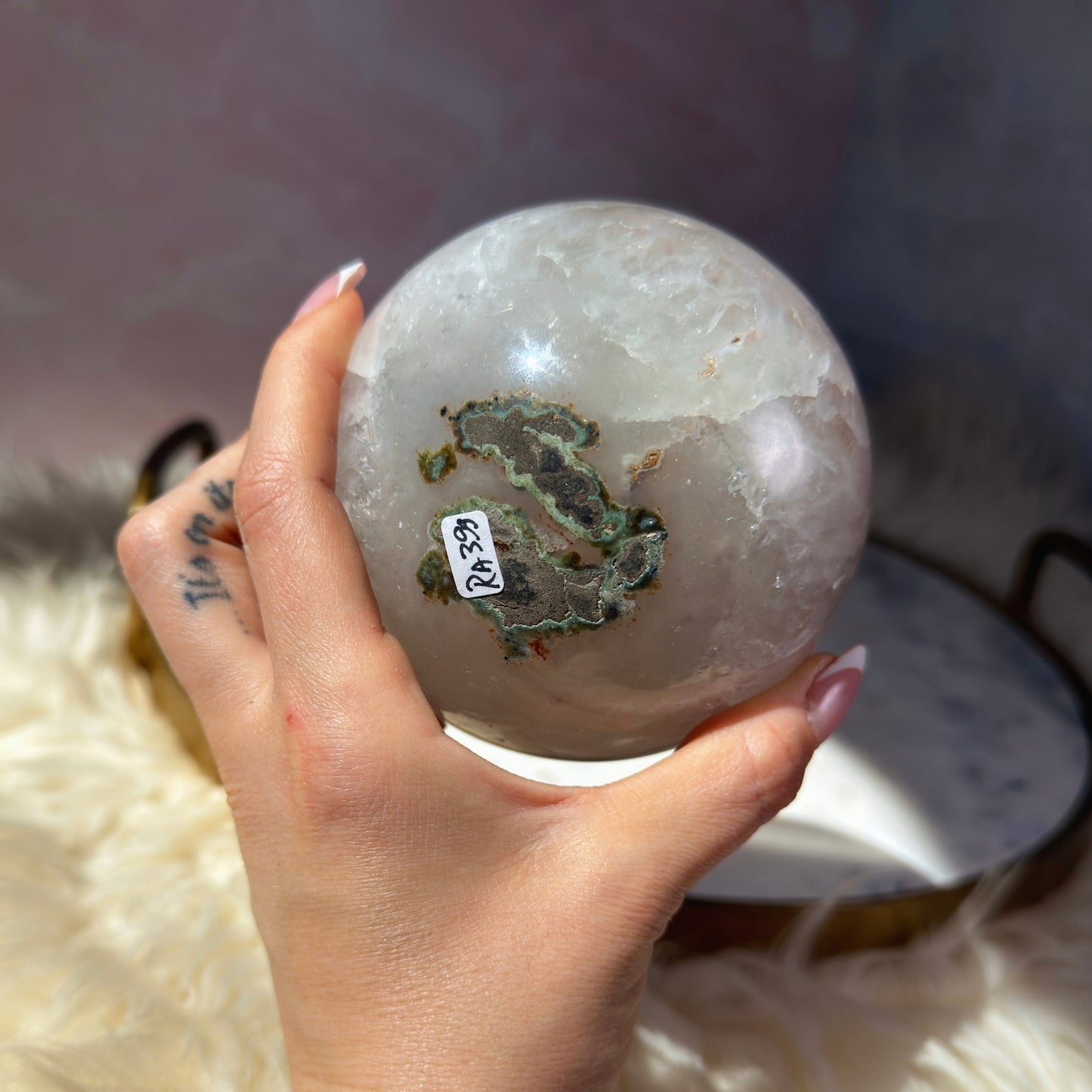 Rainbow Amethyst Sphere with Sugar Druzy on Gold Stand (2.8 lbs)