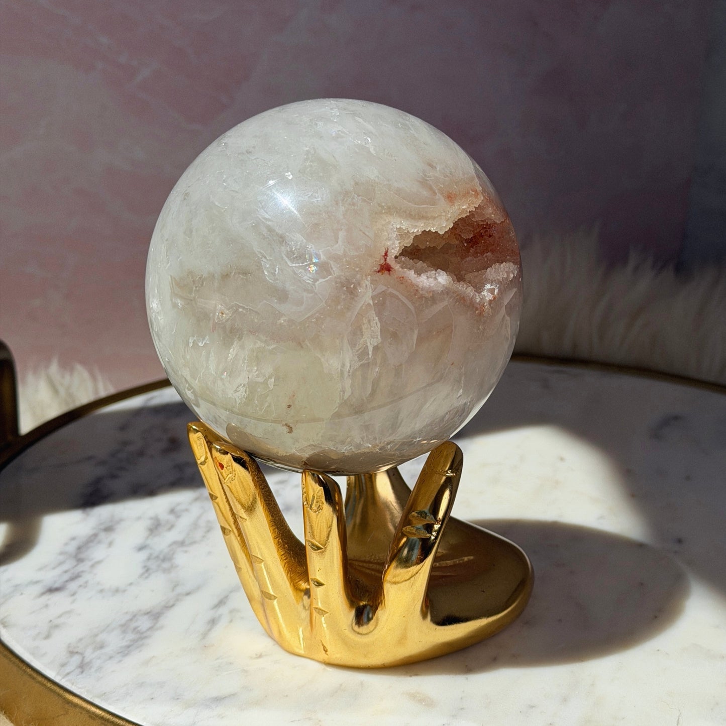 Rainbow Amethyst Sphere with Sugar Druzy on Gold Stand (2.8 lbs)