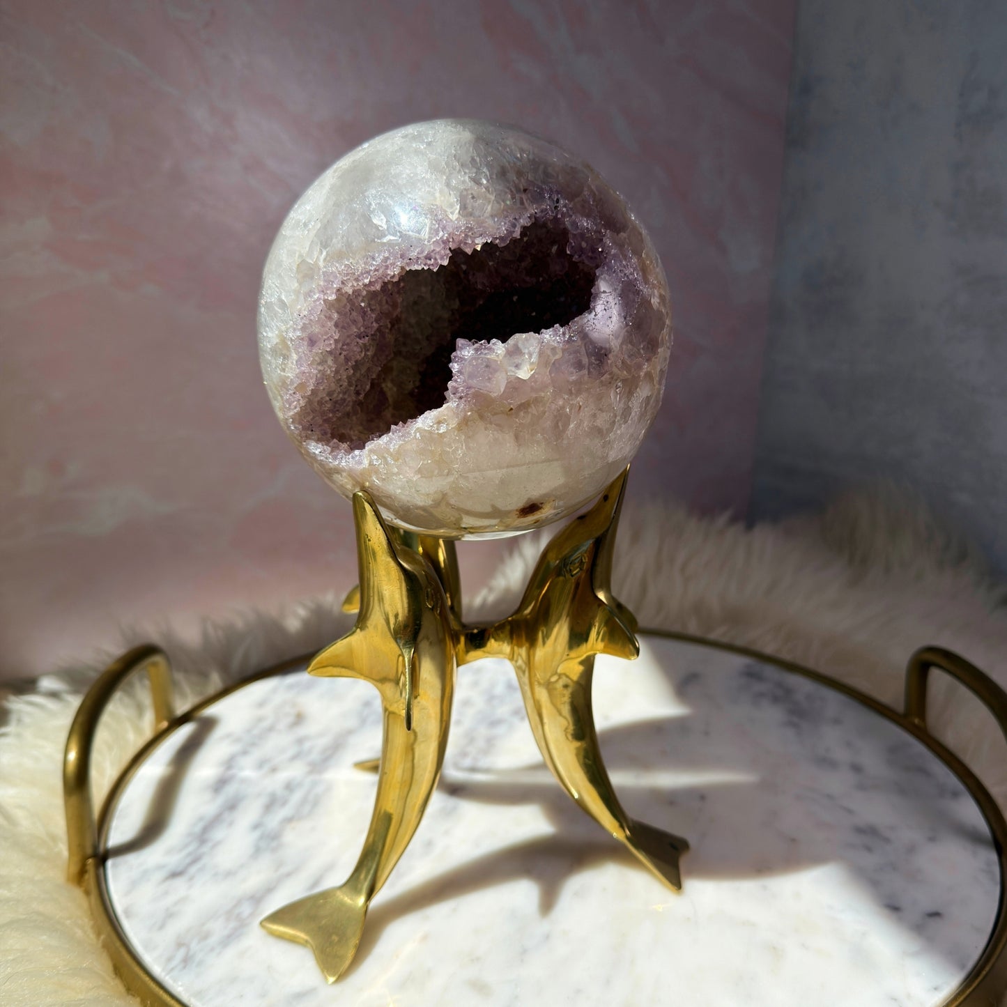 Rainbow Amethyst Sphere with Sugar Druzy on Gold Stand (4.9 lbs)