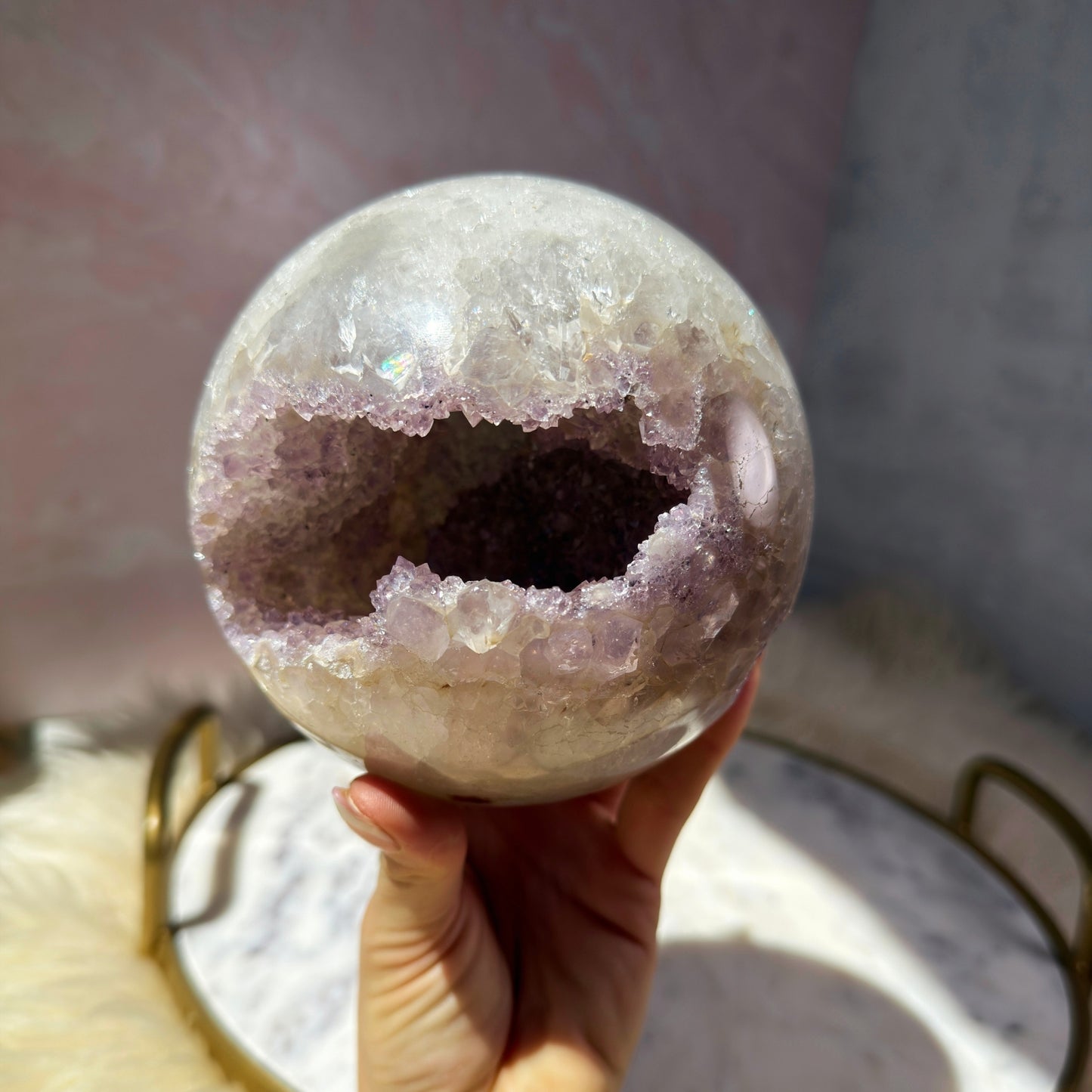 Rainbow Amethyst Sphere with Sugar Druzy on Gold Stand (4.9 lbs)